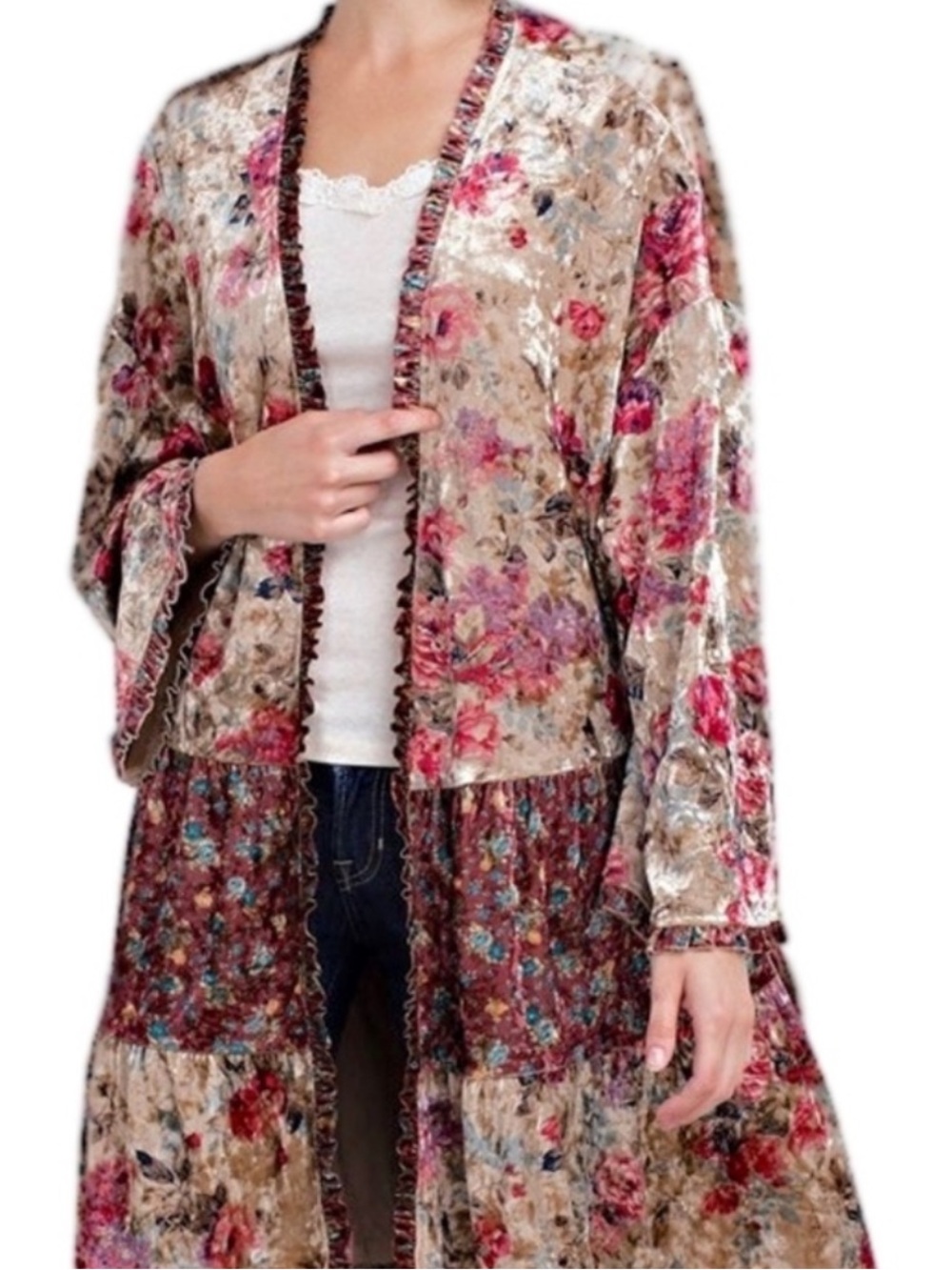Easel Los Angeles Beautiful Floral Print Long Sleeve Velvet Kimono M